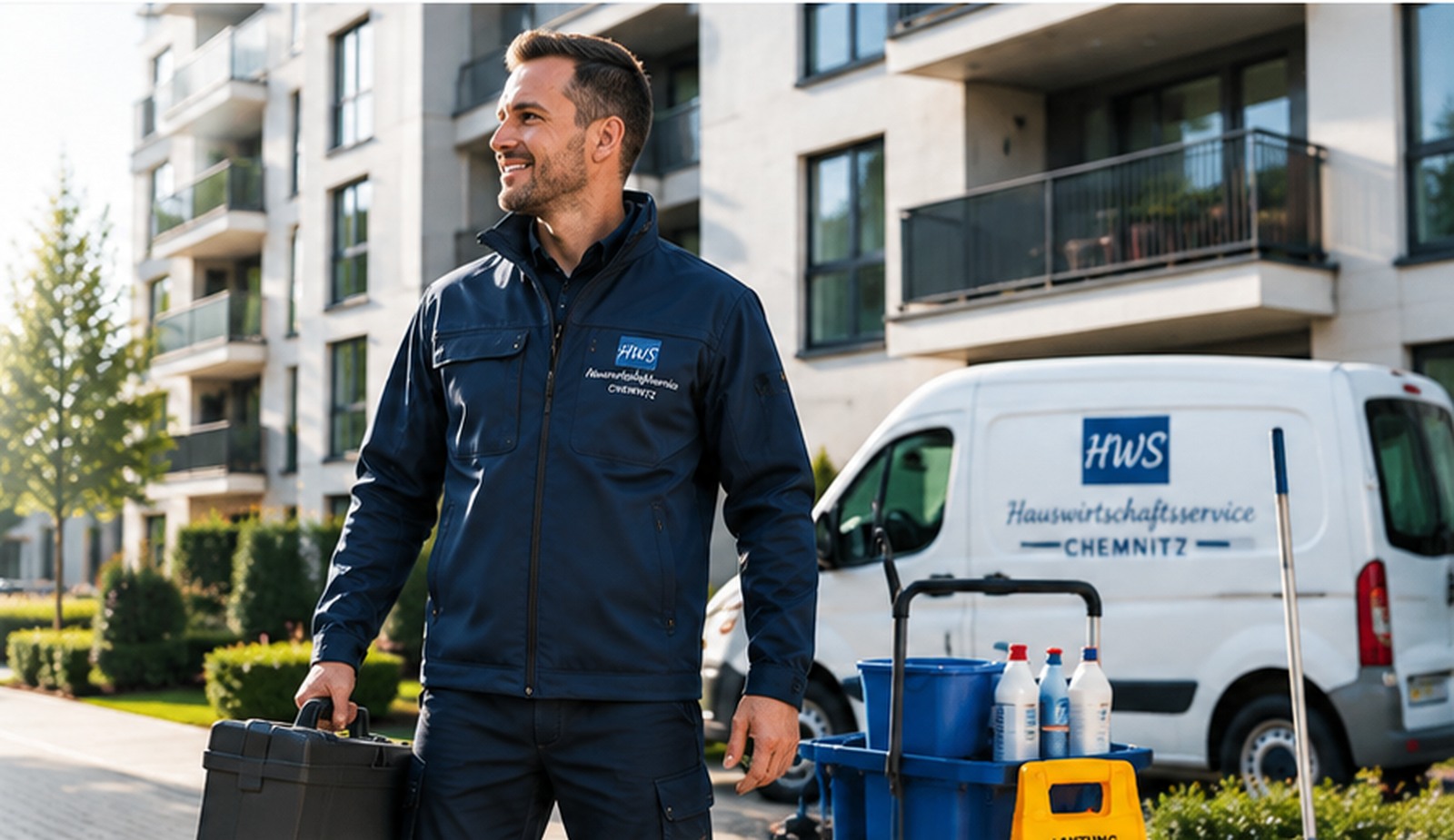 HWS Mitarbeiter vor einer gepflegten Immobilie mit HWS-Servicefahrzeug