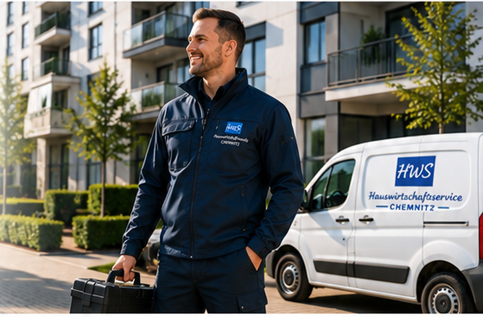 HWS Mitarbeiter mit Servicefahrzeug vor einer gepflegten Immobilie